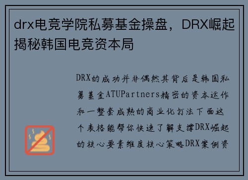 drx电竞学院私募基金操盘，DRX崛起揭秘韩国电竞资本局