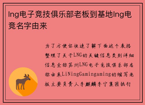 lng电子竞技俱乐部老板到基地lng电竞名字由来