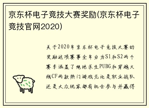 京东杯电子竞技大赛奖励(京东杯电子竞技官网2020)